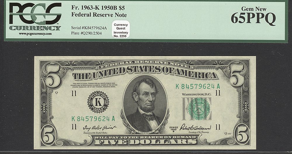 Fr.1963-K, 1950B $5 FRN, PCGS65-PPQ